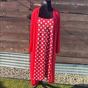 Vibrant red polka dot dress with matching red jacket